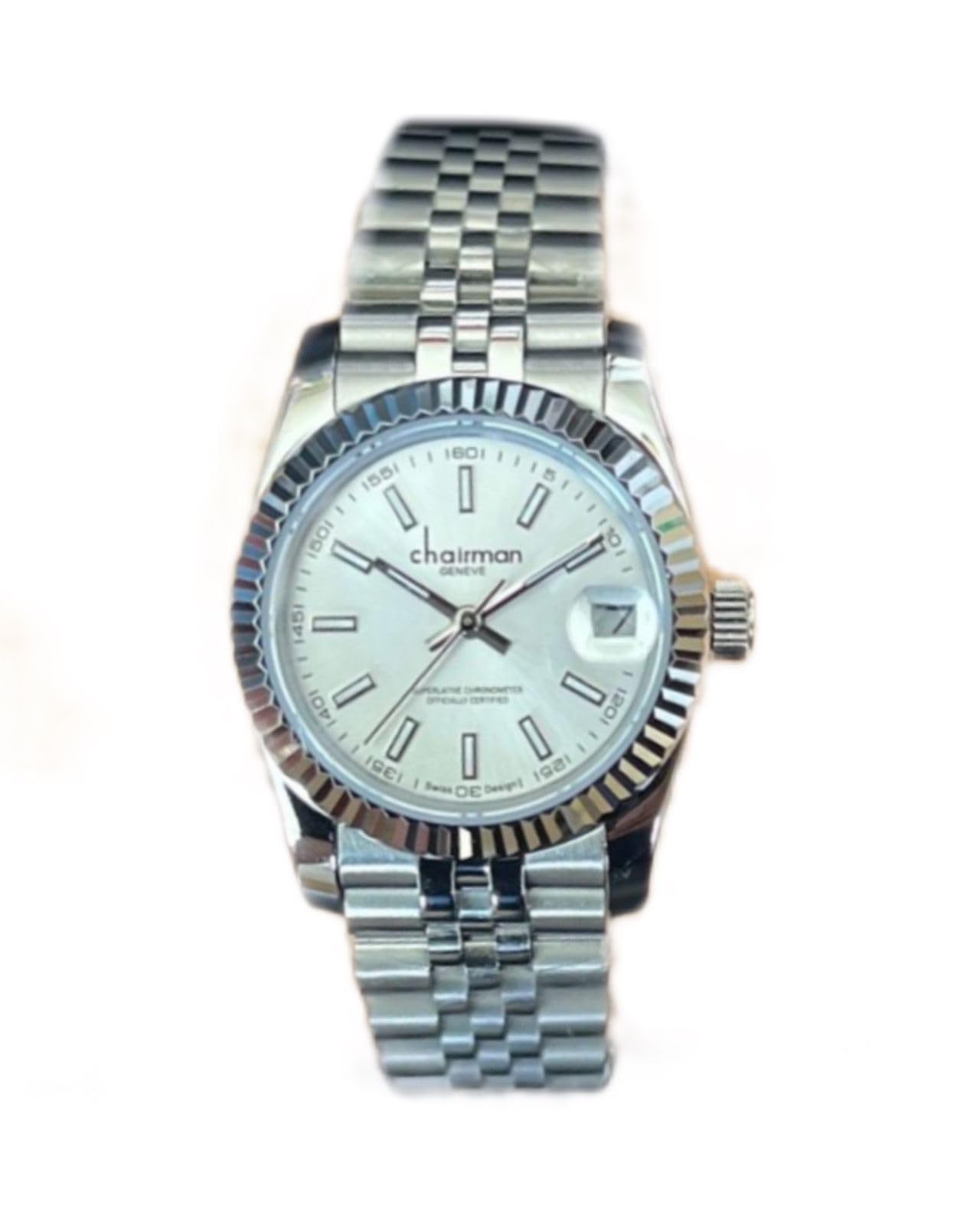 Chairman Geneve Ladies Stainless Steel Watch, White Dial, Date Display, Fluted Bezel