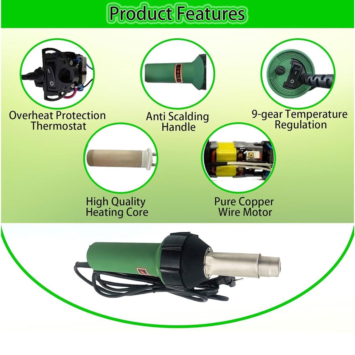 Pistola de soldadura de aire caliente de 1600 W, soldadora manual de plástico PVC con boquillas, para soldadura de suelos, mejoras para el hogar y pelado de pintura