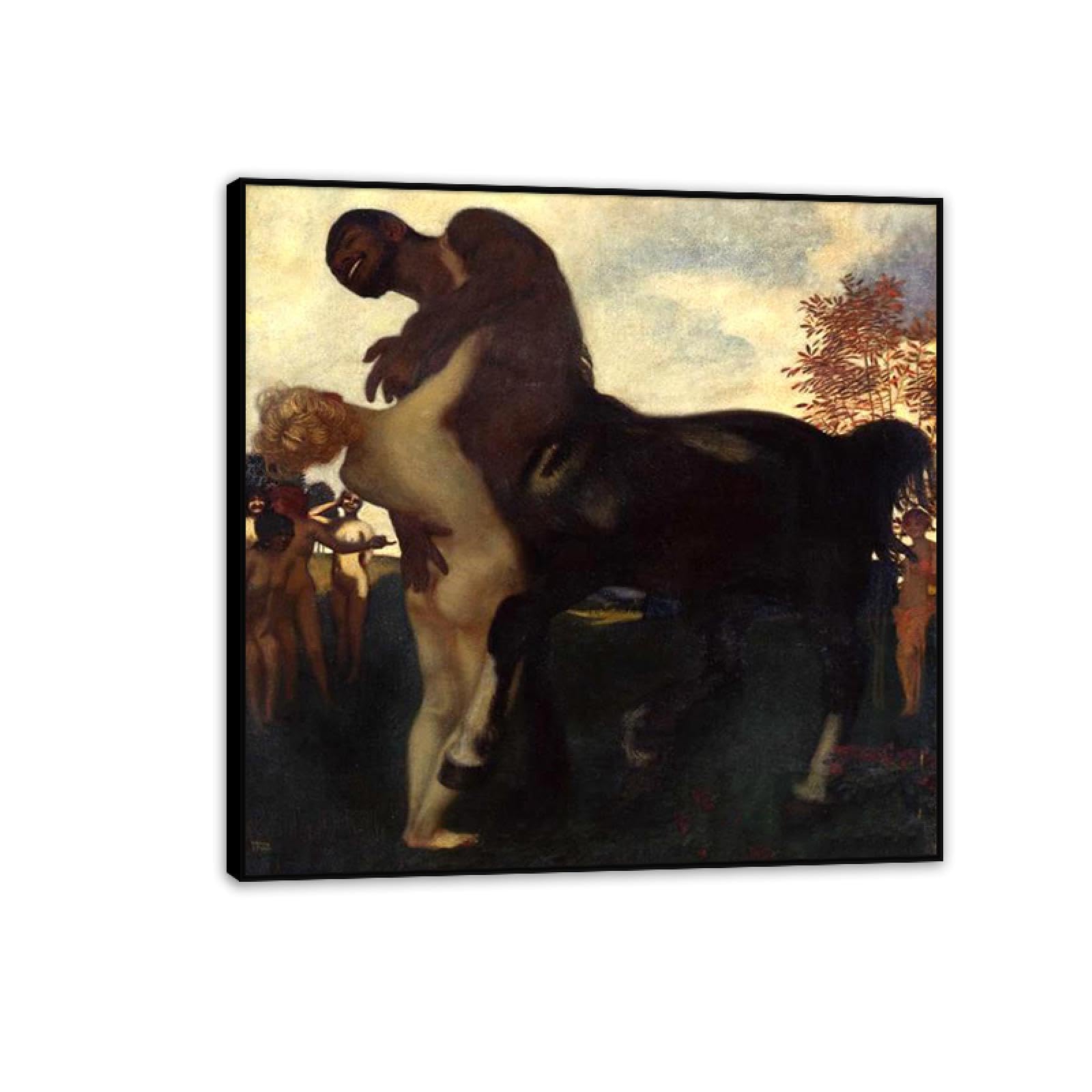 Hau3sh3a Framework Franz Von Stuck Wall Art Print Centaur Und Nymphe Famous Art Poster Franz Stuck Home Decor Reproduction On Canvas Wall Decor For Living Room Bathroom Office 60X60cm(24X24in) Black Framed