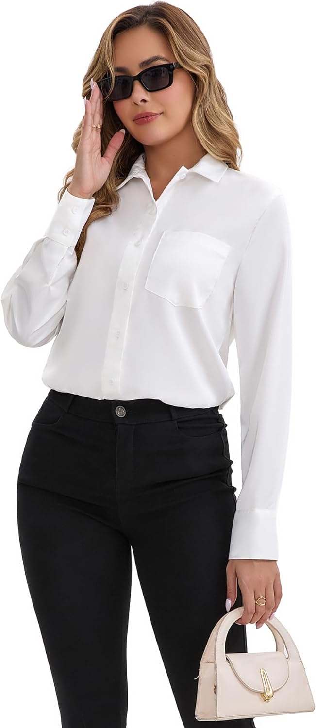 Womens Bodysuit Blouse Button Down One-Piece Long Sleeve Solid Office Work Shirt Casual Tops - Image 3