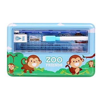 FunBlast Pencil Box for Kids, Metal Pencil Box Case with Pencil, Eraser, Sharpener Stationery Set ? Double Layer Pencil Case Stationary Organizer for Kids, Boys, Girls (Zoo Friends)