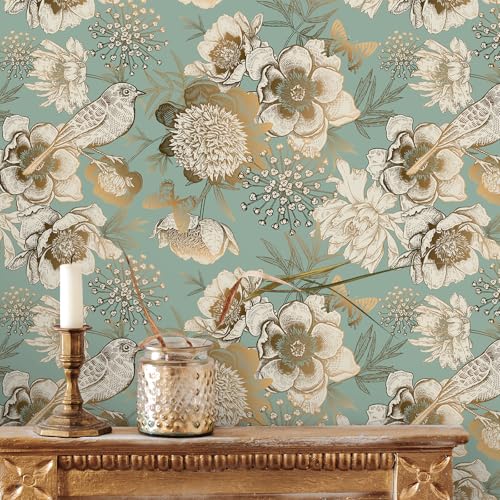 Papier peint oiseaux vert or adhésif pour décoration salon et chambre