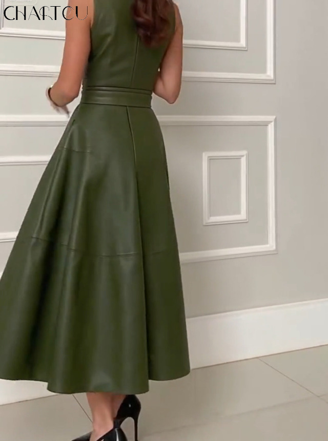 Amazon.com: CHARTOU Women PU Faux Leather Sleeveless Elegant Flowy Long  Dress Party Night Out Dress with Belt (X-Small, Black) : Clothing, Shoes &  Jewelry