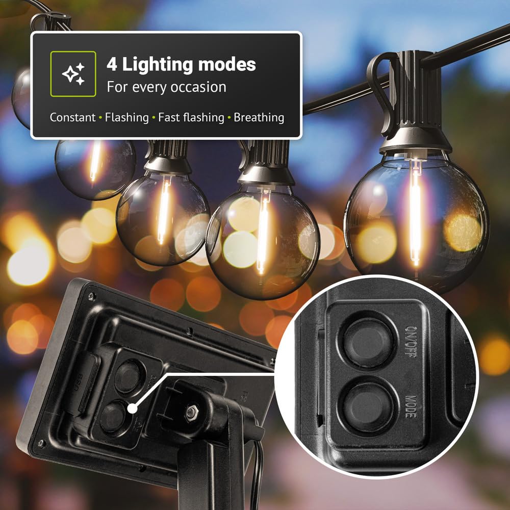 HOFTRONIC - Catena luminosa solare esterna 7 metri - 25 lampadine - 4 modalità di illuminazione - Luce bianca calda 2700 K - Interruttore crepuscolare - 25 Watt 750 lumen - Impermeabile IP44