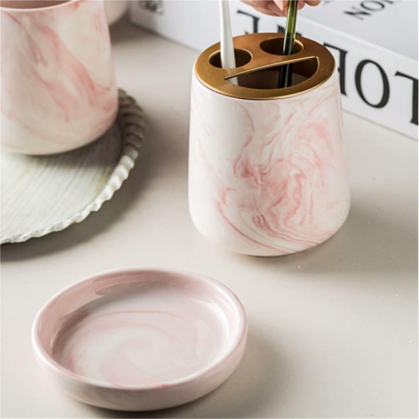 Set De Baño Juego de 4 Piezas baño con diseño mármol cerámica, artículos tocador, Botella loción, jabón, Enjuague bucal, Taza, Juegos Lavado Platos(Gray 4pcs)
