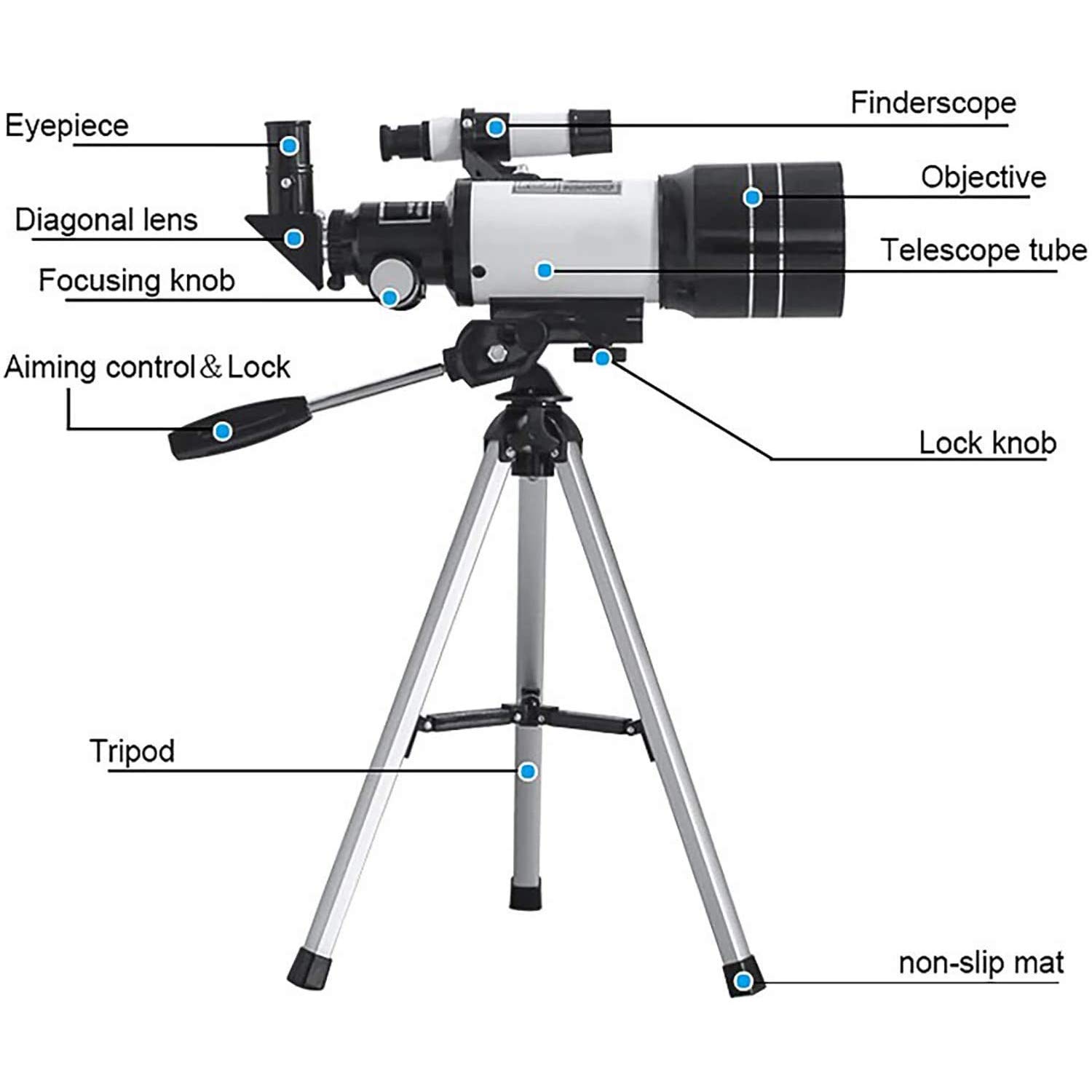Télescope astronomique Ultra HD pour Adultes et débutants, télescope réfracteur pour Astronomie, Ouverture de 70 mm, 300 mm, avec trépied réglable et Adaptateur de téléphone, télescope Portable do