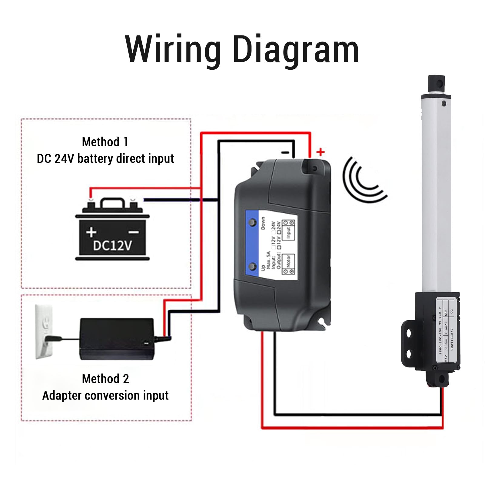 Mały elektryczny siłownik liniowy, 24 V DC, skok 100 mm, siła nacisku 50 N, aluminium i ABS, zabezpieczenie nadprądowe, wyłącznik krańcowy