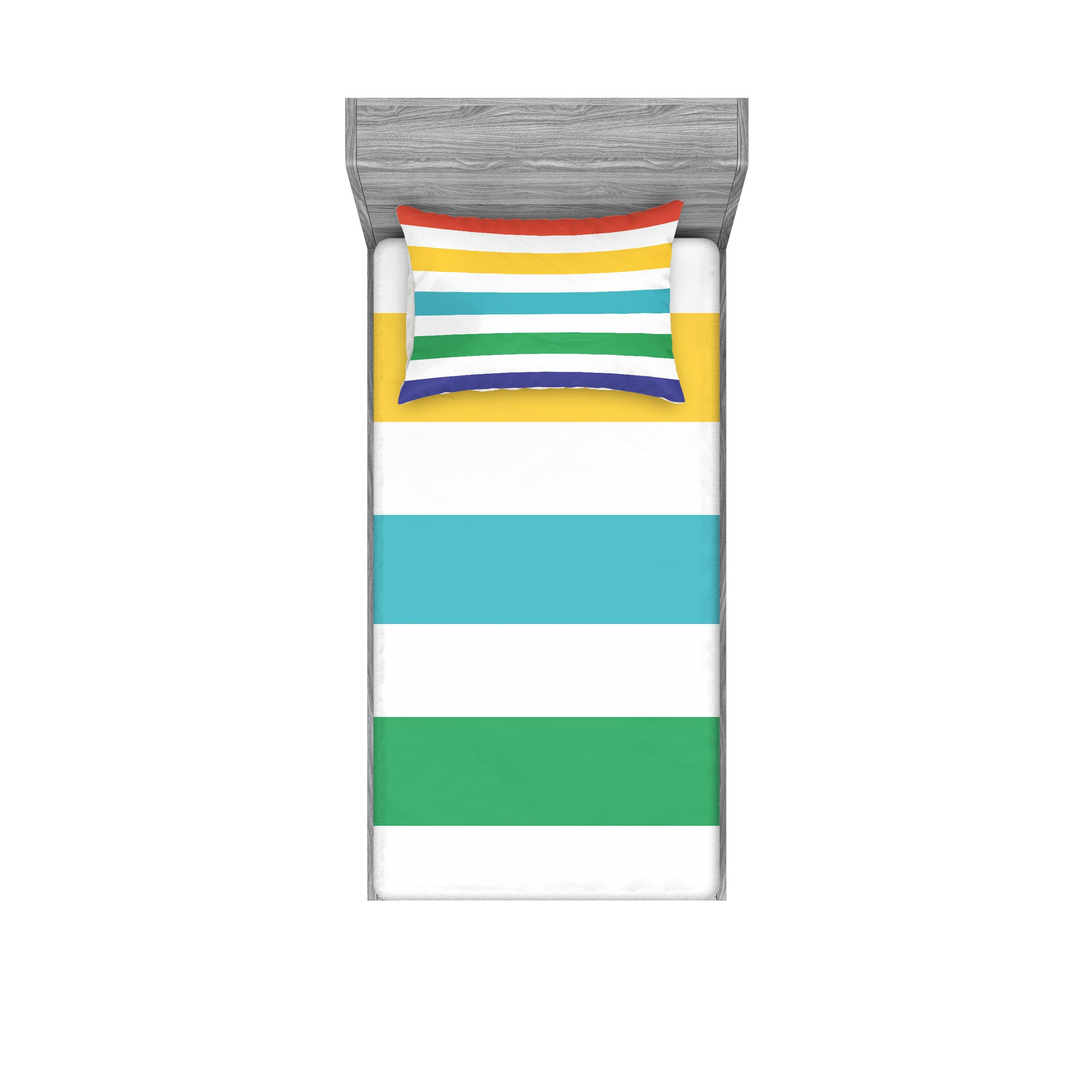 Ambesonne Striped Fitted Sheet & Pillow Sham Set, Rainbow Colored White Fun Horizontal Lines Kids Room Red Yellow Blue Green Art, Decorative Printed 2 Piece Bedding Decor Set, Twin, Multicolor White