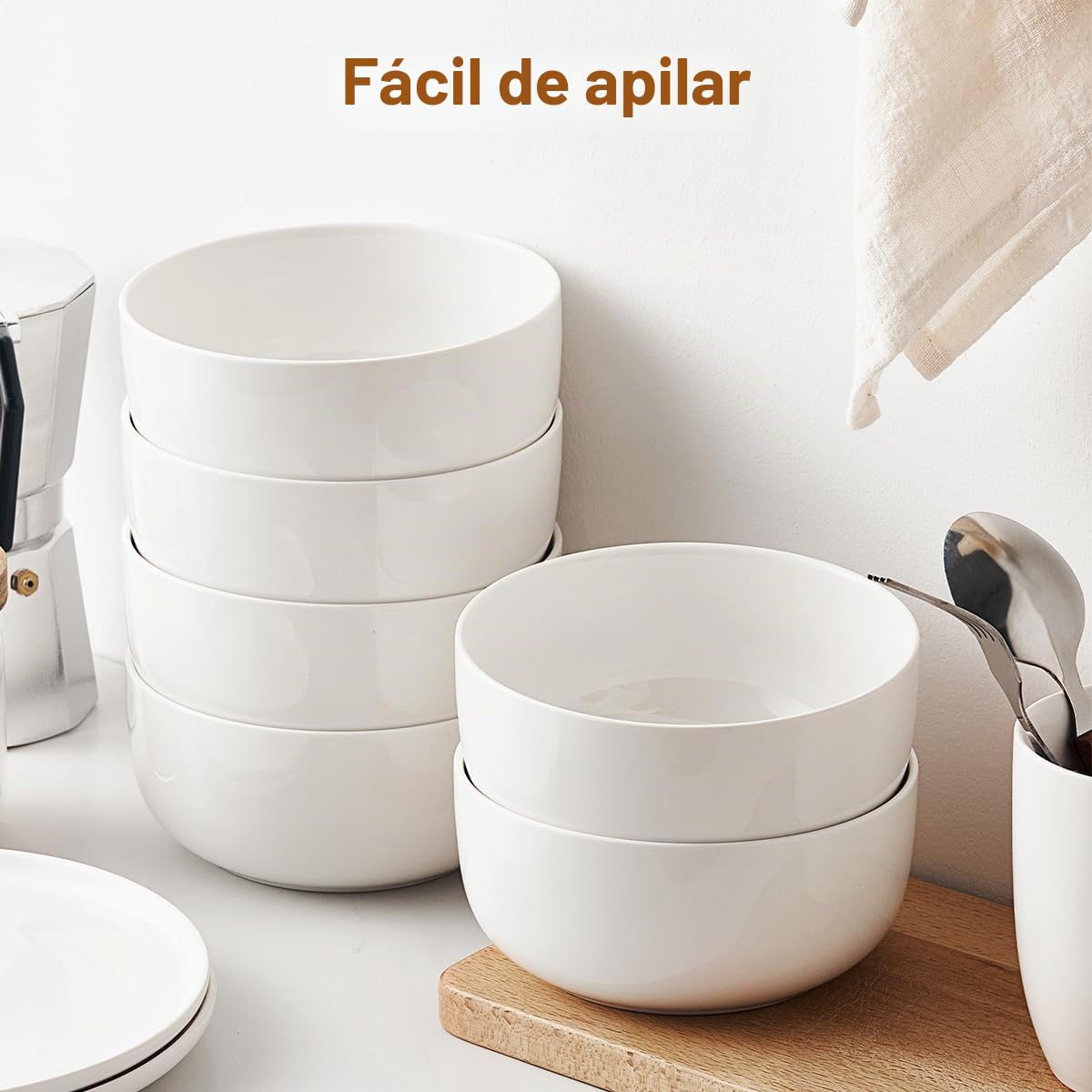 Jassceram Juego de 6 cuencos grandes de cerámica de 800 ml para sopa, avena, tazon cereales, ensalada, pasta, lavavajillas, microondas y horno, 6 pulgadas, color blanco