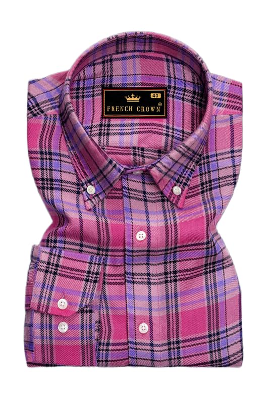 french crown Men's Wistavon-Mulberry Pink and Wisteria Purple Plaid Flannel Premium Cotton Casual Shirt (Size)-picture-30