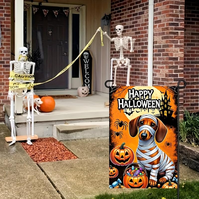 Image of BlissYard Halloween Trick or Treat Garden Flag,Halloween Garden Flag with Mummy Dachshund and Pumpkins,halloween garden flags for outside, 12x18 Inch Festive Yard Decoration