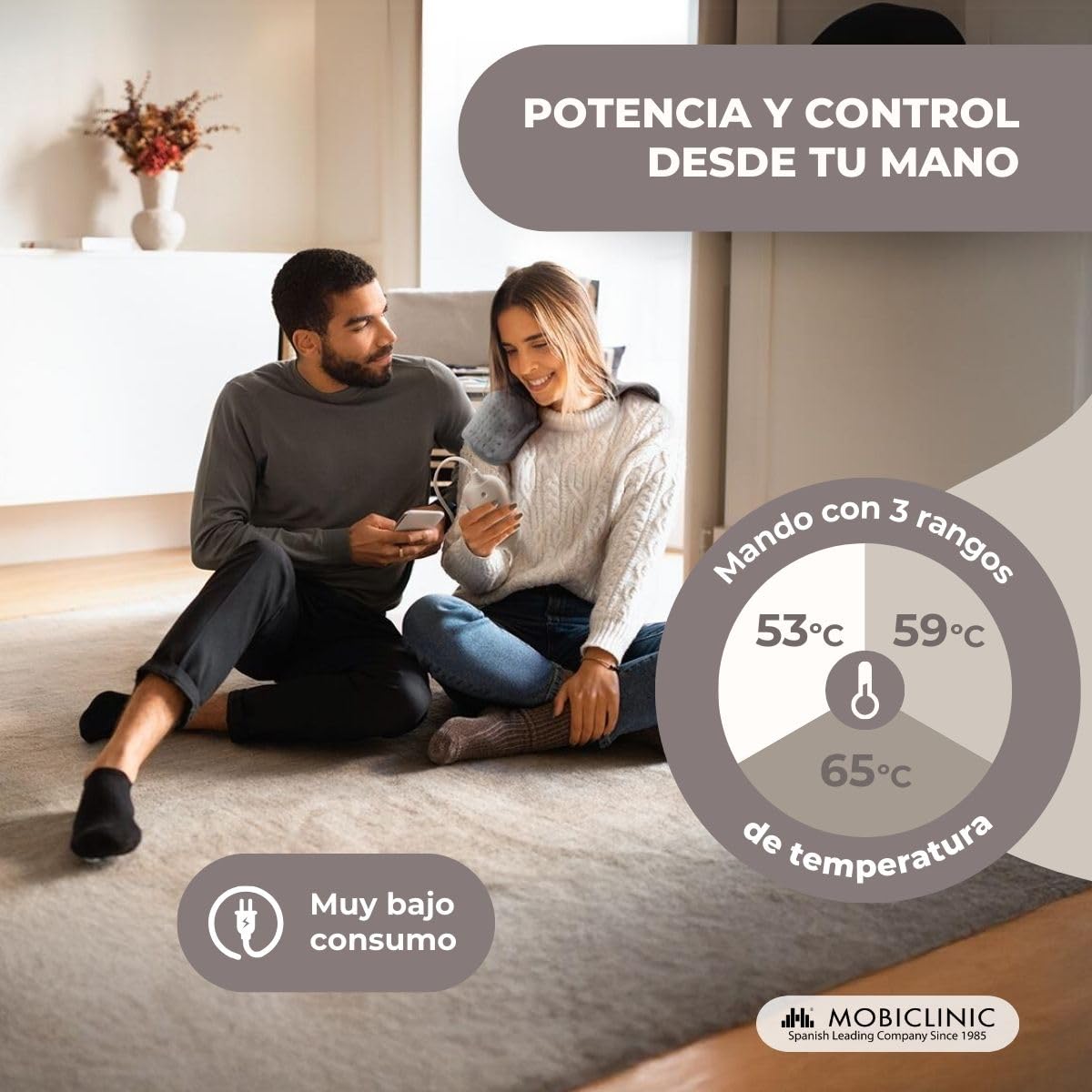 Mobiclinic, Almohadilla eléctrica, Térmica, Manta, 3 niveles de calor, Bajo consumo, Apagado automático, Potencia 100w, Esterilla, Marca española, Para espalda, Lumbares, 40x30 cm