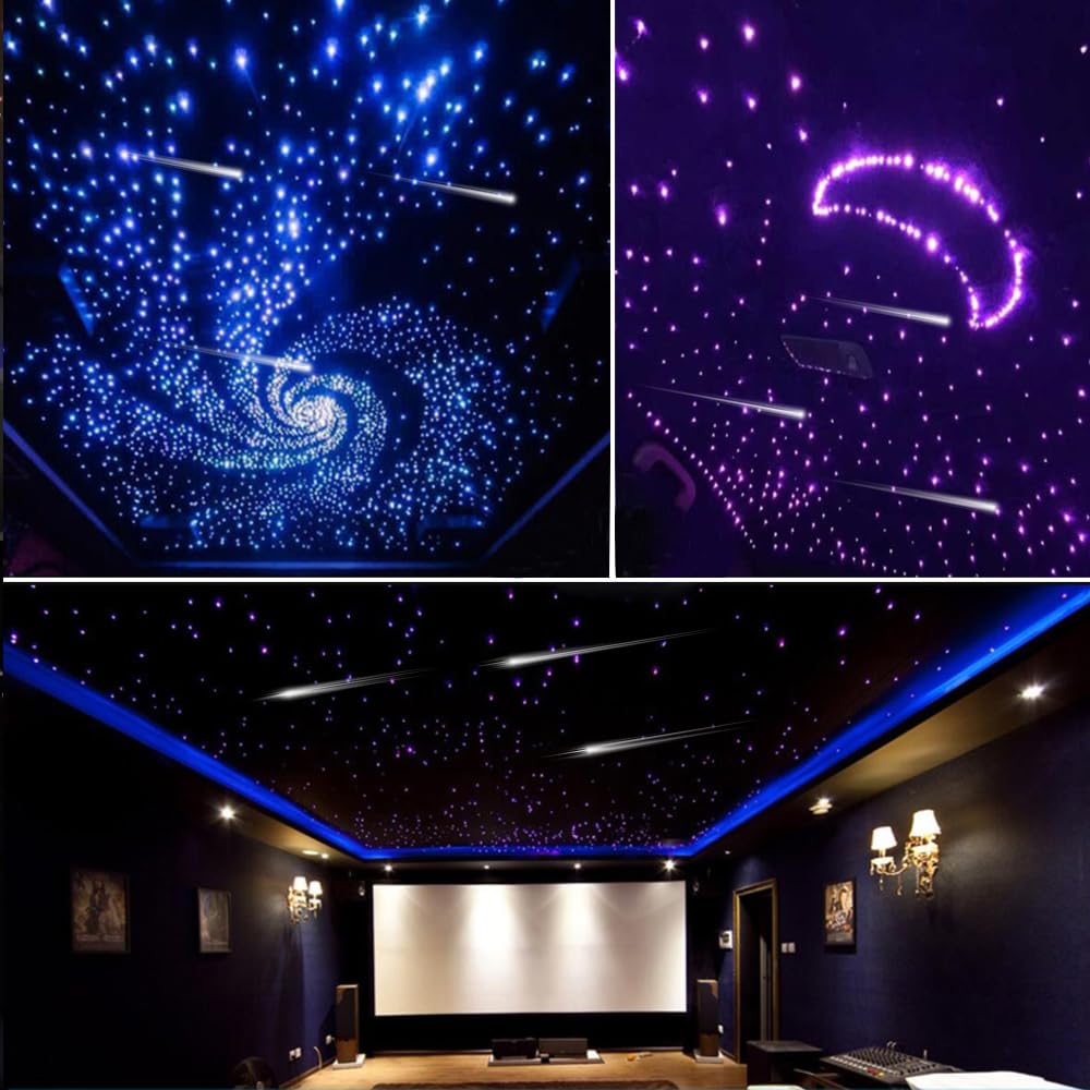 Lámpara de techo de 16 W con efecto cielo estrellado de fibra óptica para auto con 650 piezas * 0,75 mm * 3 m Twinkle Meteor 2 en 1 Modelo Música Sync APP Control para regalos de boda Luces de