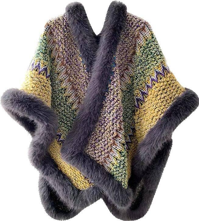 CAPE- Thick Warm Cashmere Wool Shawl Pashmina For Women Fox Fur Trimmed Ethnic Style Printed Wrap Poncho (Grey, One Size)