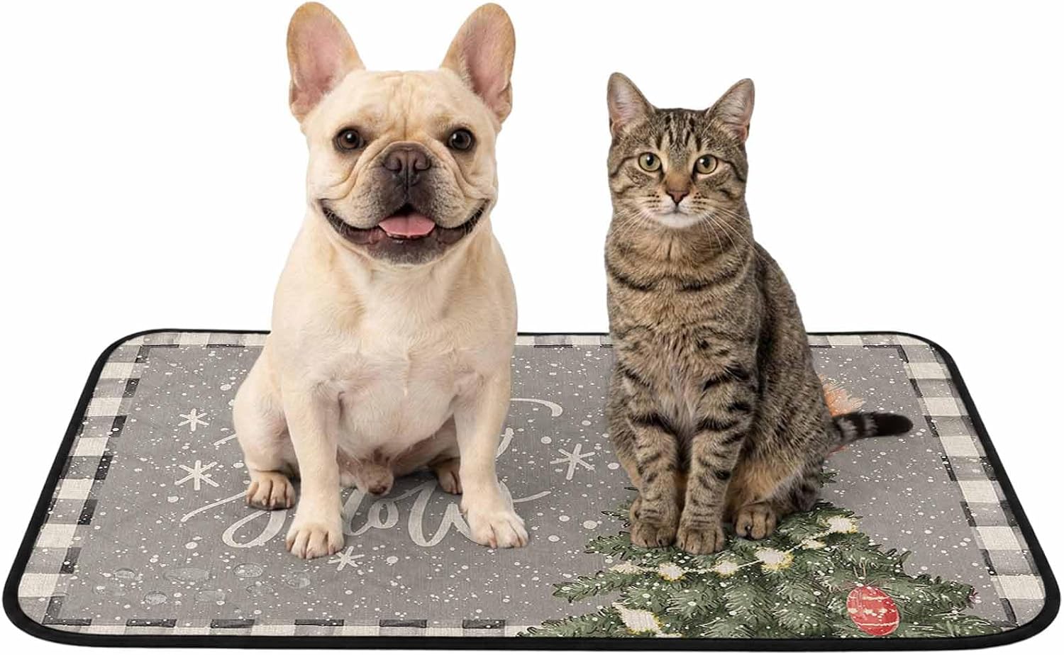 Christmas Squirrel Stand on Xmas Tree Grey Linen Washable Pee Pads for Dogs Reusable Puppy Pad Waterproof & Non-Slip Dog Cat Food Mat for Crates, Indoor, Outdoor and Car Travel 40"x30"