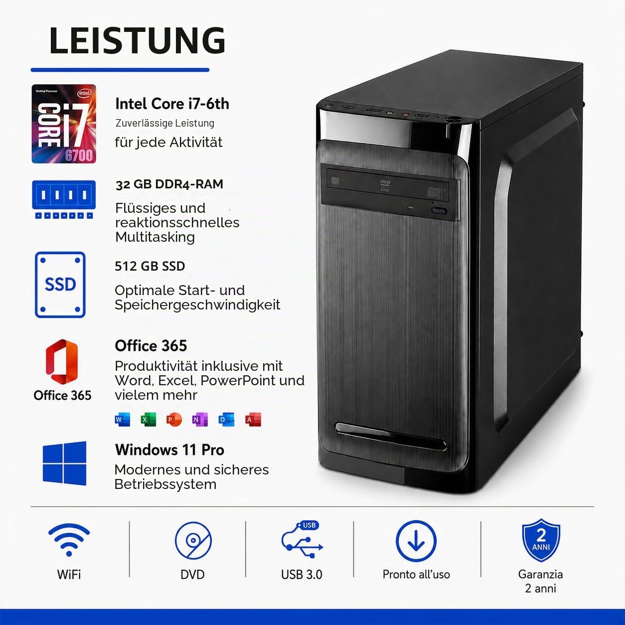 Desktop-PC, komplett einsatzbereit • Intel Core i7-6700 • 32 GB RAM DDR4 • 512 GB SSD • Windows 11 Pro • Office 365 • WiFi • DVD