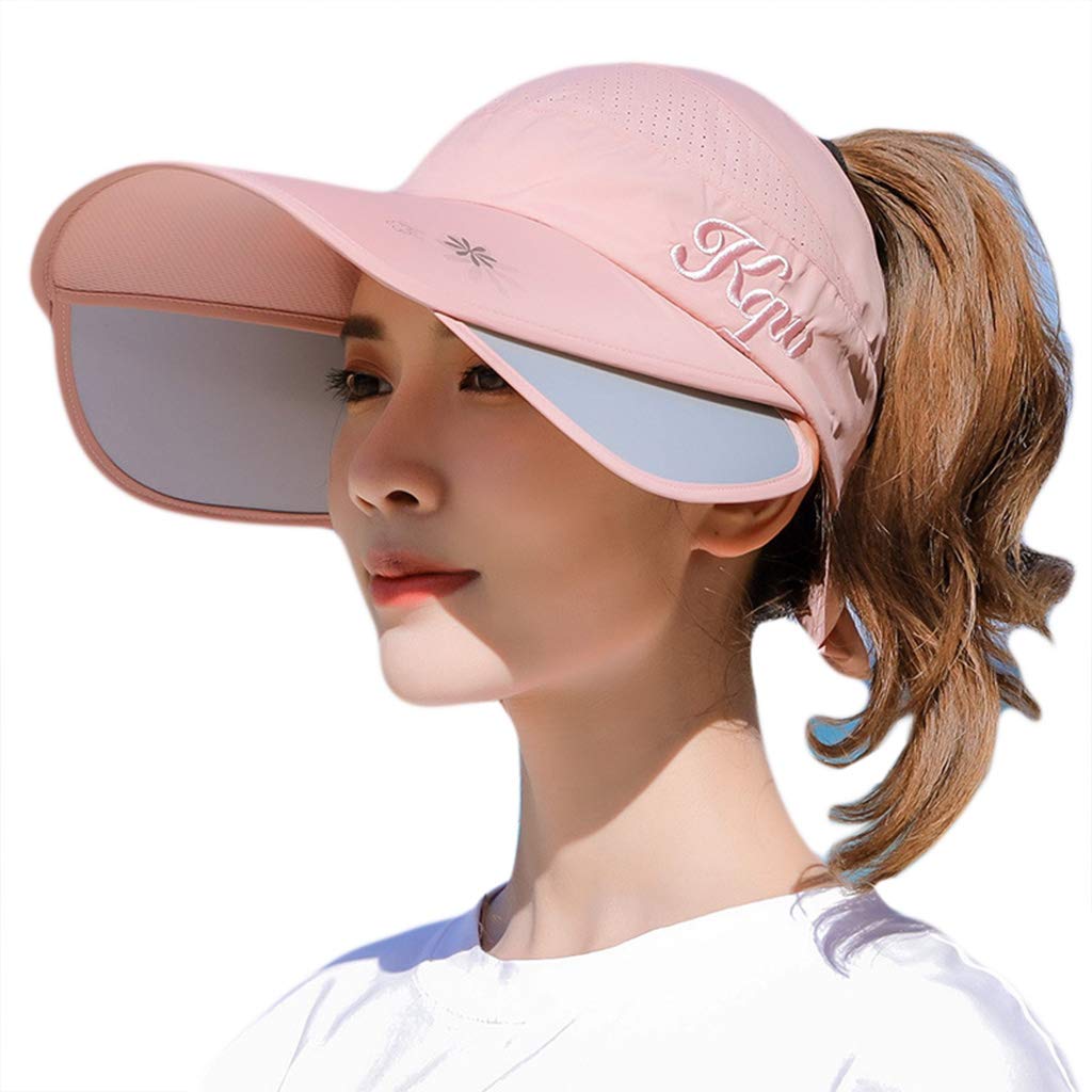Niumanery Women's Pink Retractable Wide Brim Sun Visor Hat Empty Top Bowknot Cycling Baseball Cap