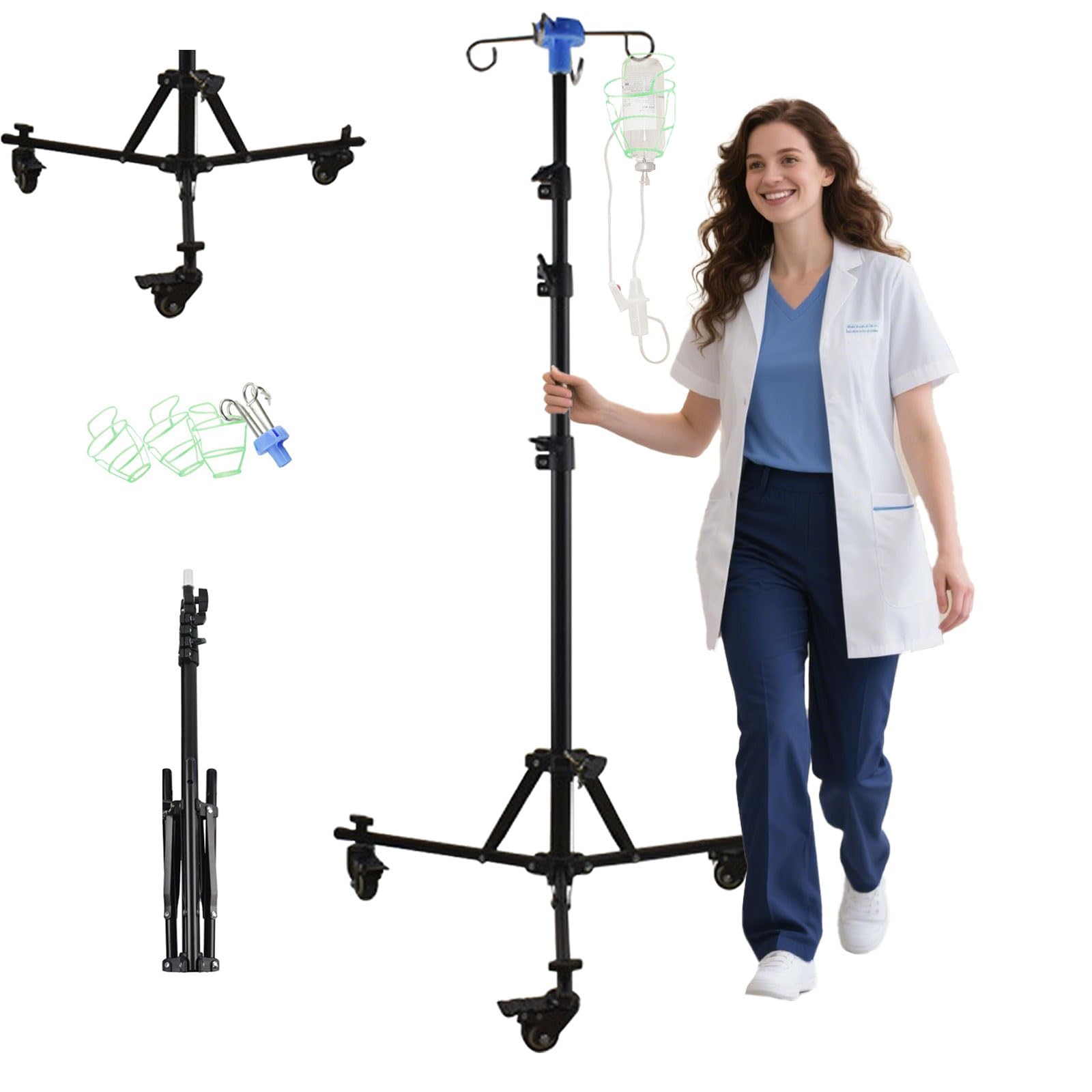 Support à perfusion avec roulettes, pliable et mobile, hauteur réglable de 90 à 190 cm, 4 crochets rotatifs à 180 °, avec 3 poches en filet, sac de transport et roulettes de frein - Porte-perfusion