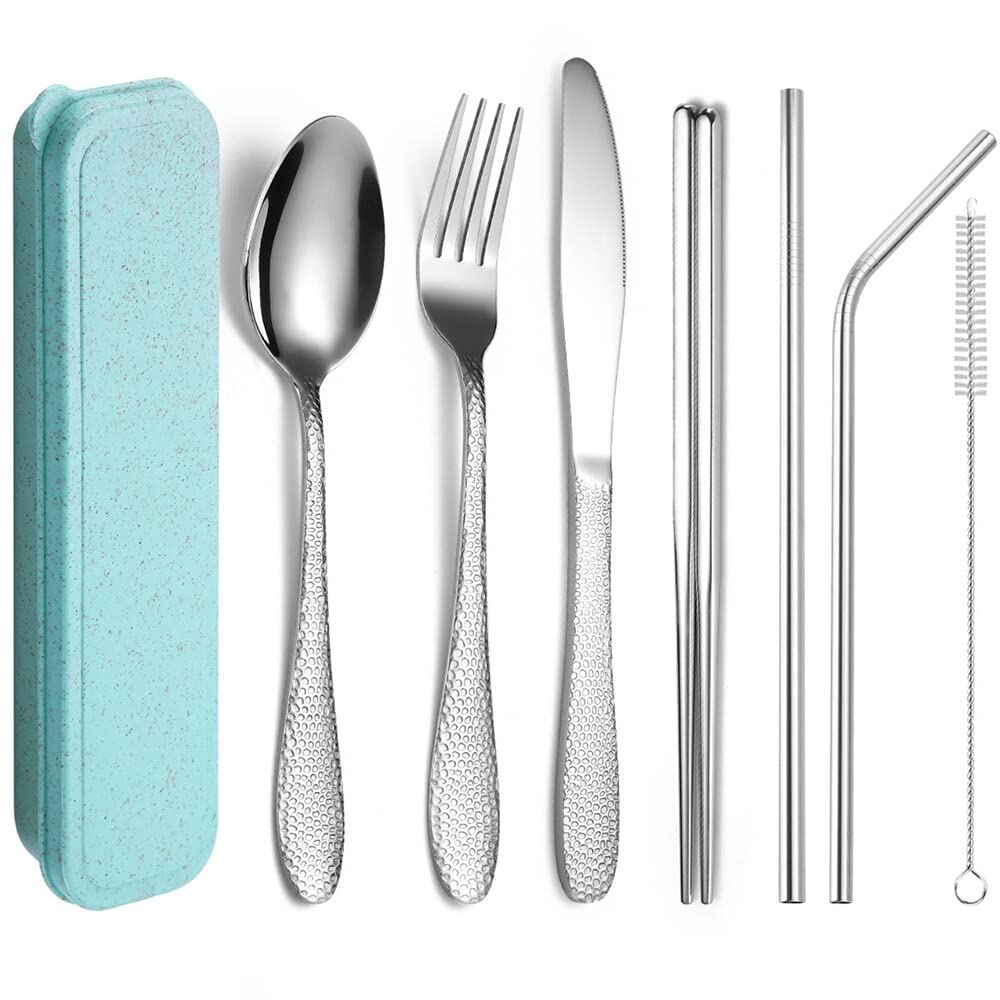 Tragbares Besteck-Set mit Box, Edelstahl, Essstäbchen, Gabel, Löffel, Grasmesser, Grasbürsten-Set, Reisen, Camping, Schule, geeignet für 7-teilig (Color : 7Rose Golden) (7pcs Silvery)
