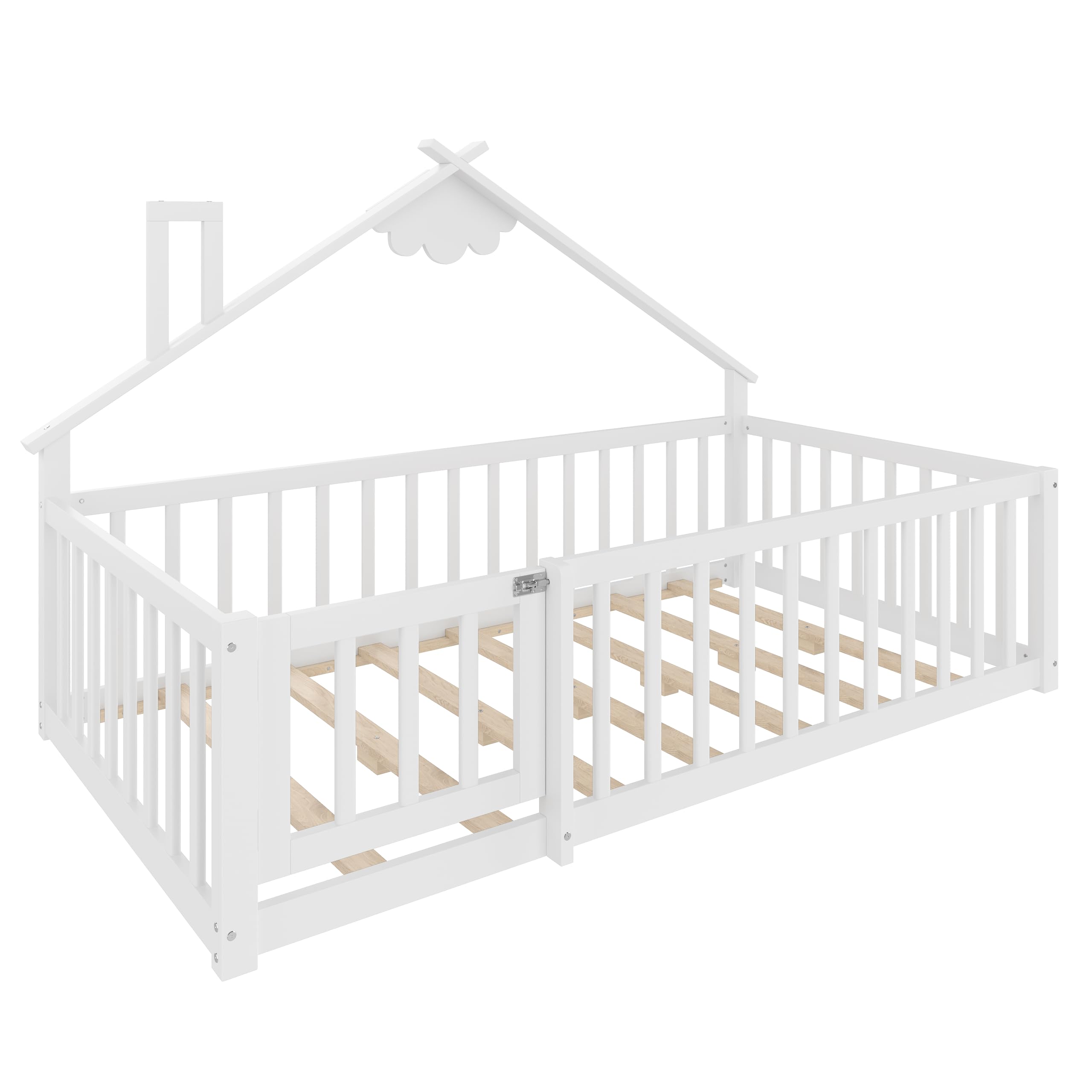Cama de suelo de 90 x 190 cm con protección anticaída y puerta con cerradura, estructura de cama infantil, cama de madera de pino con somier, cama de madera, sin colchón