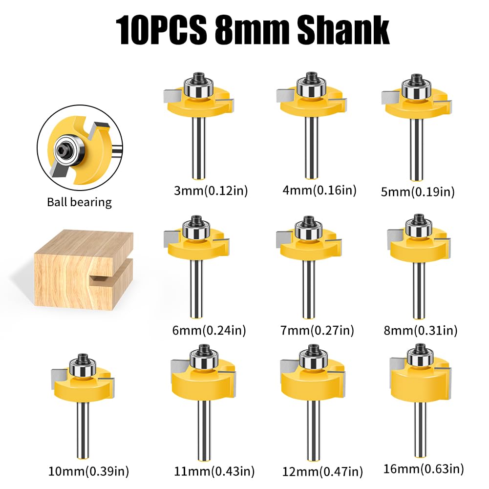 Broca enrutadora con ranura en T, vástago de 8mm con rodamiento tipo T, herramienta for carpintería, fresa con ranura for madera(10PCS 8mm Shank)