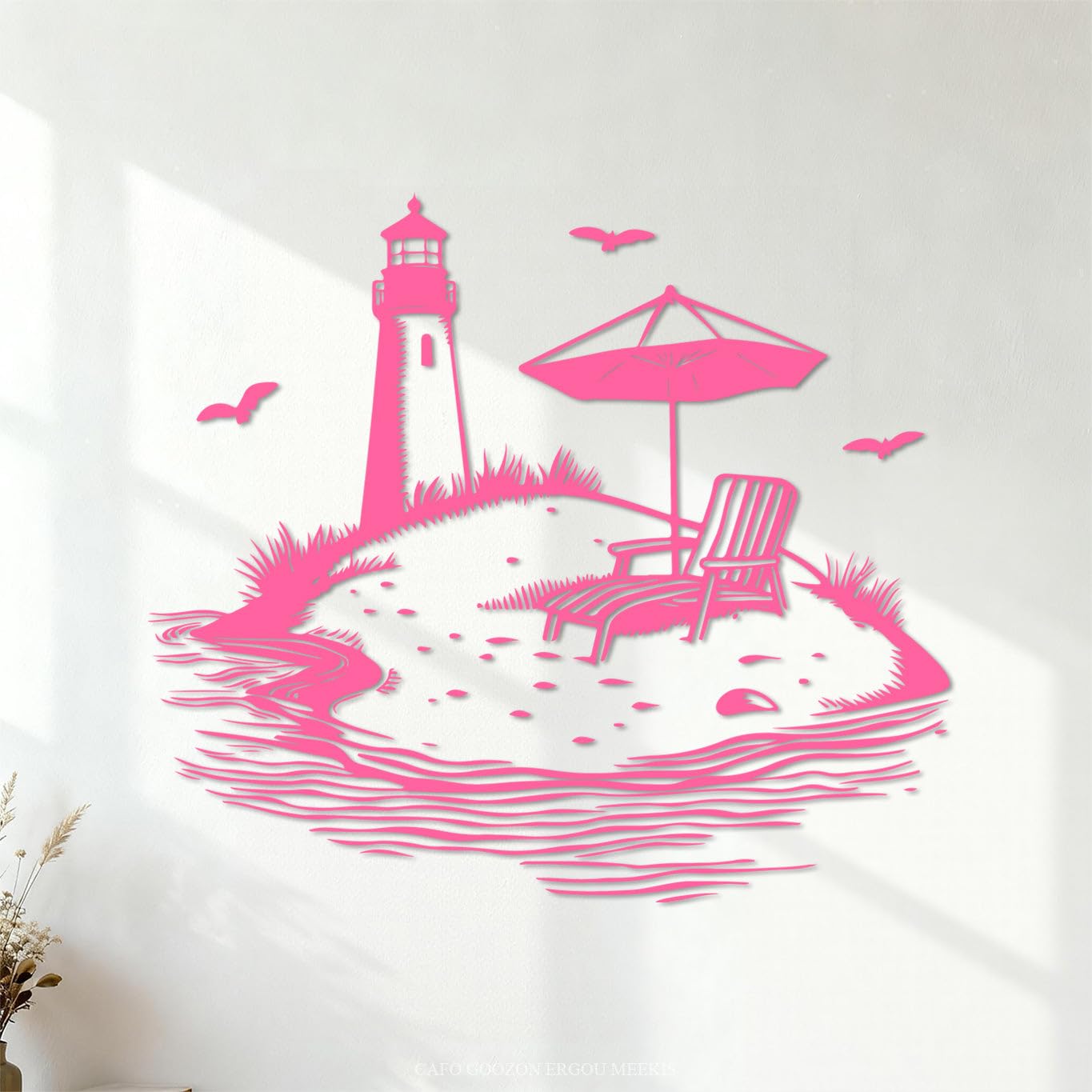 Engraving Decals Lighthouse and Beach Chair with Umbrella 67.2x75.8cm It Won't Fall Off Pink