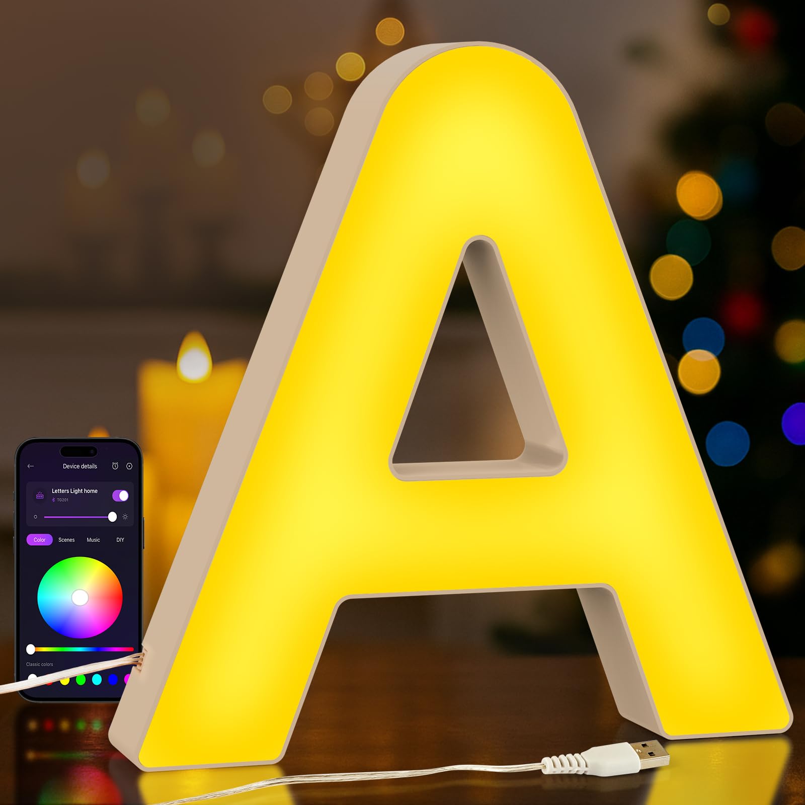 Lampka z literami namiotowymi LED, zasilana przez USB, sterowanie aplikacją, światło zmieniające kolor z synchronizacją muzyki, romantyczna dekoracja początkowa na rocznicę lub ścianę sypialni