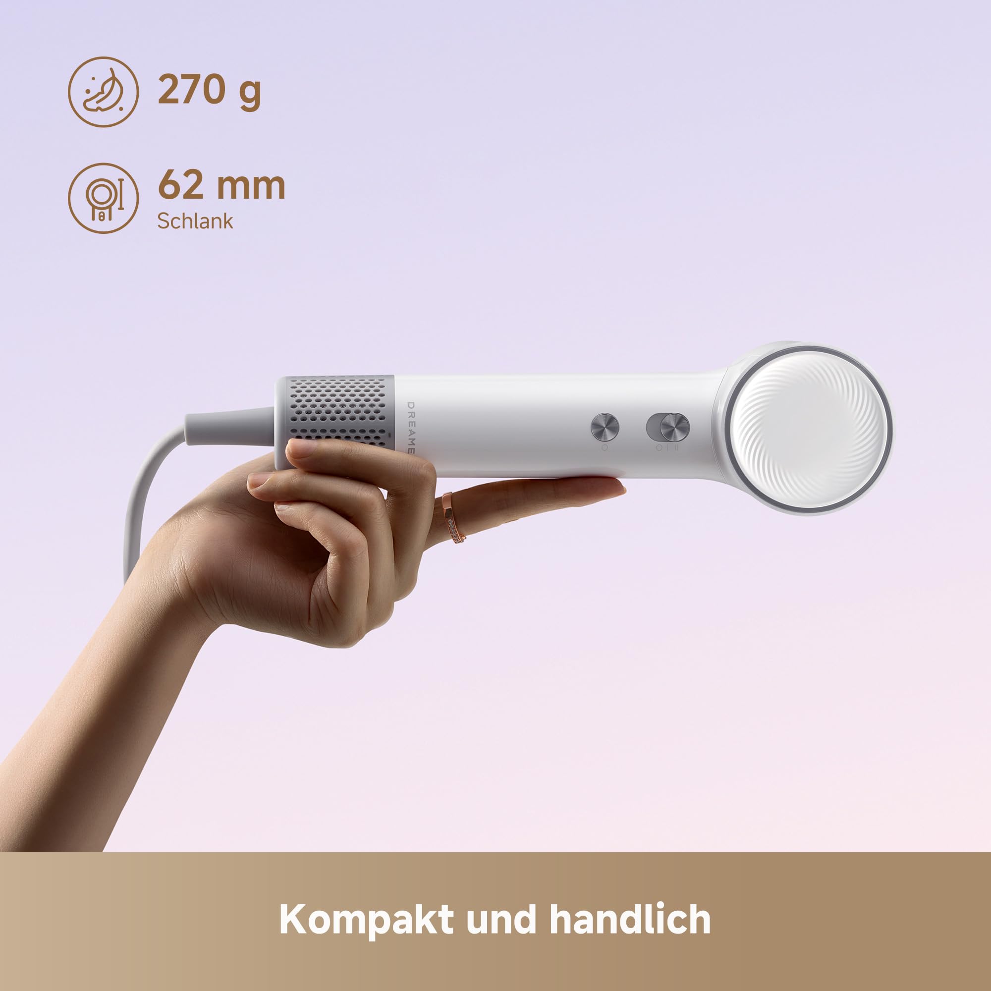 dreame Mini-High-Speed-Haartrockner, 270 g leicht Reiseföhn, Schnelltrocknen, Motor mit 100.000 U/min, NTC-Temperaturregelung, Pflege durch negative Ionen, 5 benutzerdefinierte Modi, Weiß