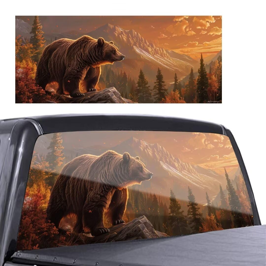 Bear Rear Window Decals for Car SUV Trucks,Rustic Mountain Landscape Perforated Window Film Graphic Vinyl Sticker,See Through Rear Window Vinyl Wrap,