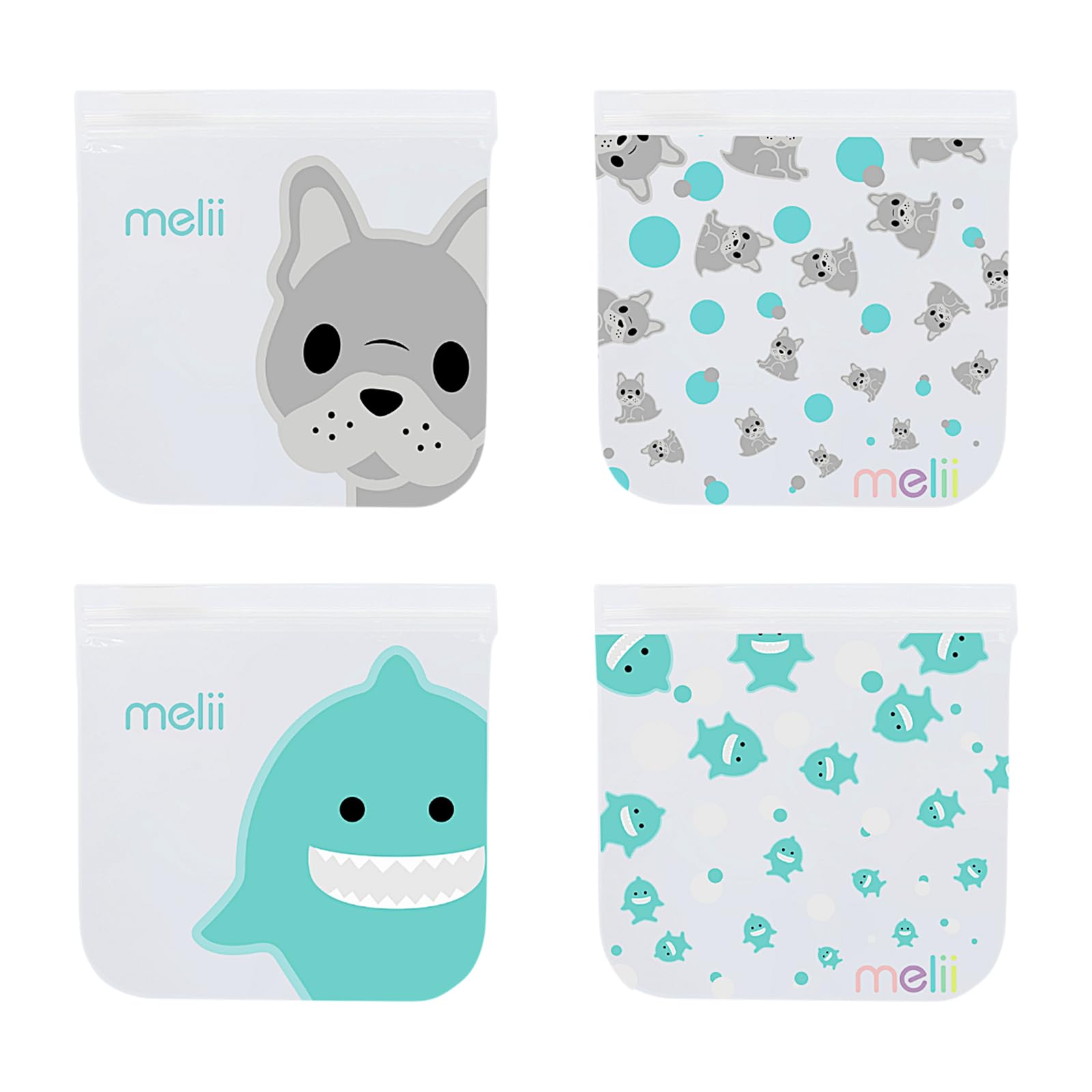 Melii Bulldog & Shark Reusable Sandwich & Snack Bags For Kids & Adults, Food Storage, Organization & Meal Prep Containers, Leakproof, Bpa Free, 4 Pack, 2 Bulldog & 2 Shark