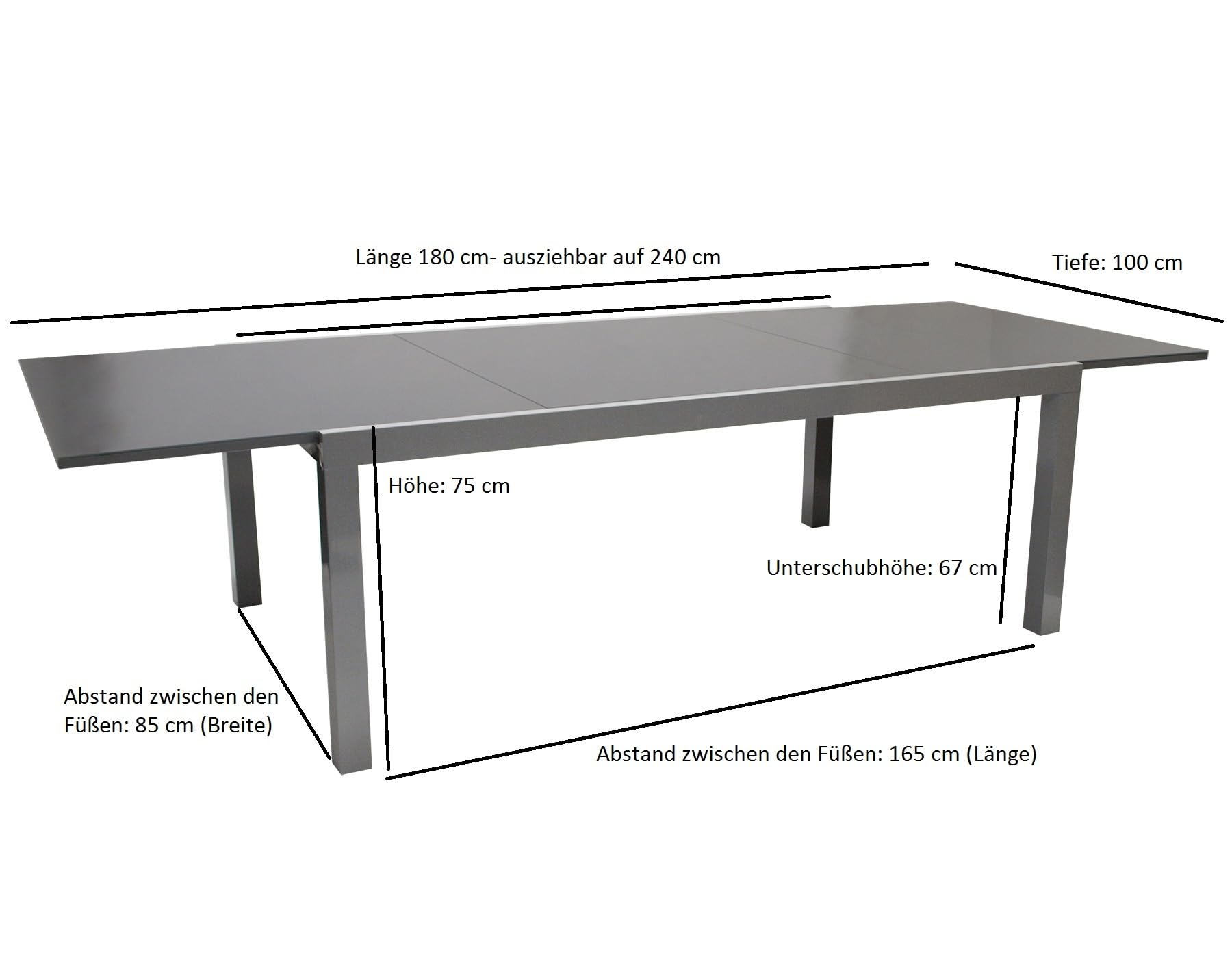 DEGAMO Ausziehtisch Marina XL, 180/240x100cm, Aluminium Silbergrau + Glas dunkelgrau