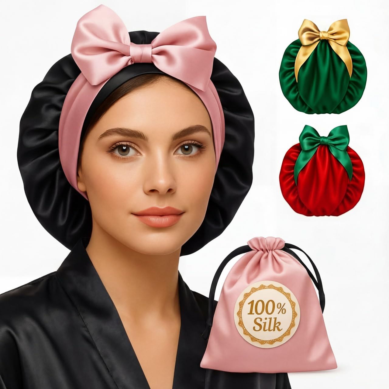 - 100% Mulberry Silk Bonnet for Sleeping Women with Curly Hair – Alternative to Double Layer Satin Bonnet with Tie Band