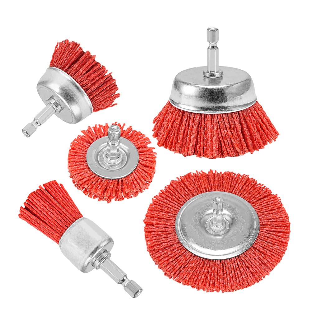5 piezas de cepillo de copa de nailon, cepillo de alambre abrasivo, rueda de pulido para desbarbar, mango de 1/4" para carpintería, pulido, eliminación de óxido de metal, 5 piezas, 1