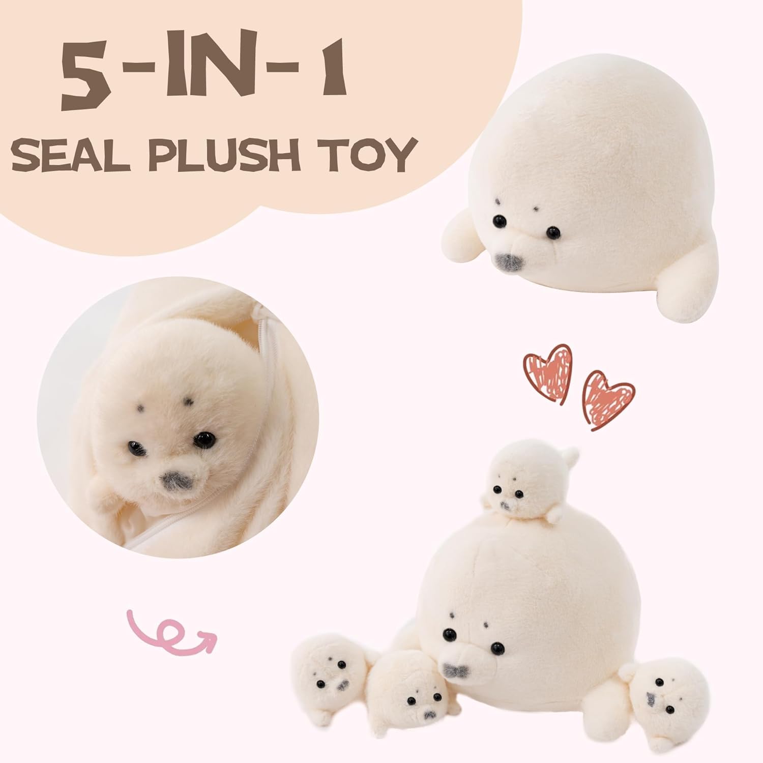 Gudisi Seal Stuffed Animals with 4 Babies Plushies,16inch White Pillow Christmas Thanksgiving Gift for Kids Boyds and Girls