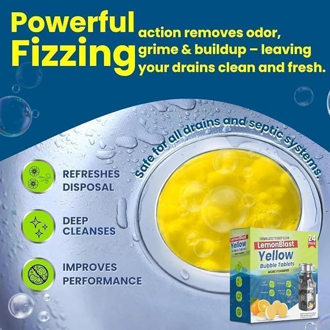 Image of Lemon Blast Yellow Bubble Tablets | Foaming Drain Cleaning Tablets for Sink, Pipes & Garbage Disposal | Citrus Fresh Formula for Odor Removal, Residue Cleaning & Smooth Drain Flow (Pack OF 3)
