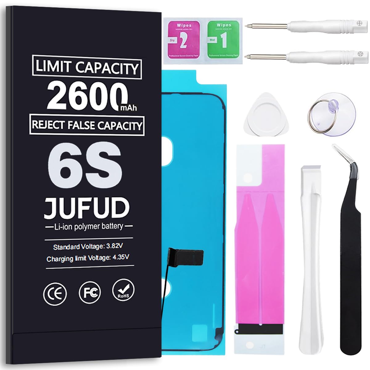 [Reject False Capacity] 2600mAh Replacement Battery Used for iPhone 6S，[New Version] 0-Cycle Lithium Polymer Batteries (Models:A1633 A1688 A1700) Complete Repair Tool Kit and Instructions.