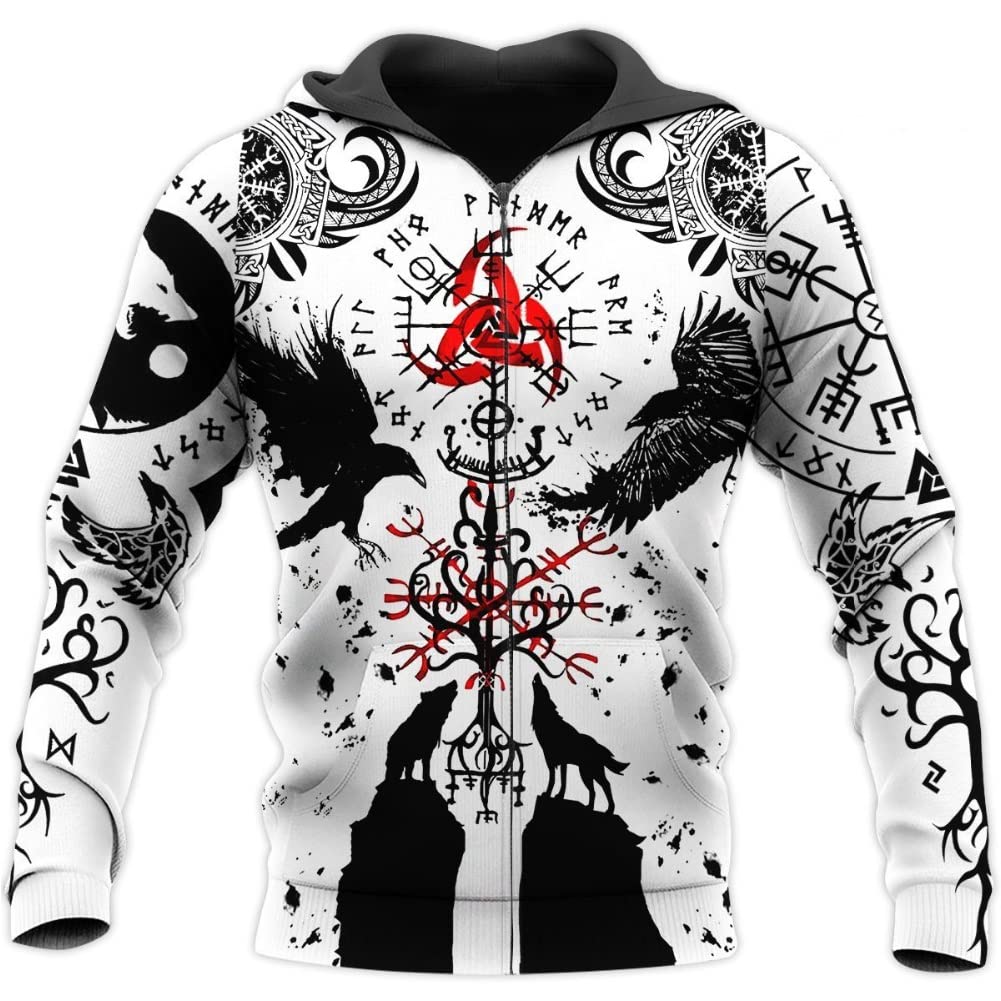Bluza z kapturem męska Viking Tattoo 3D Digital Printed, bluza z kapturem unisex Harajuku Fashion, jesień, rozpinana, sweter