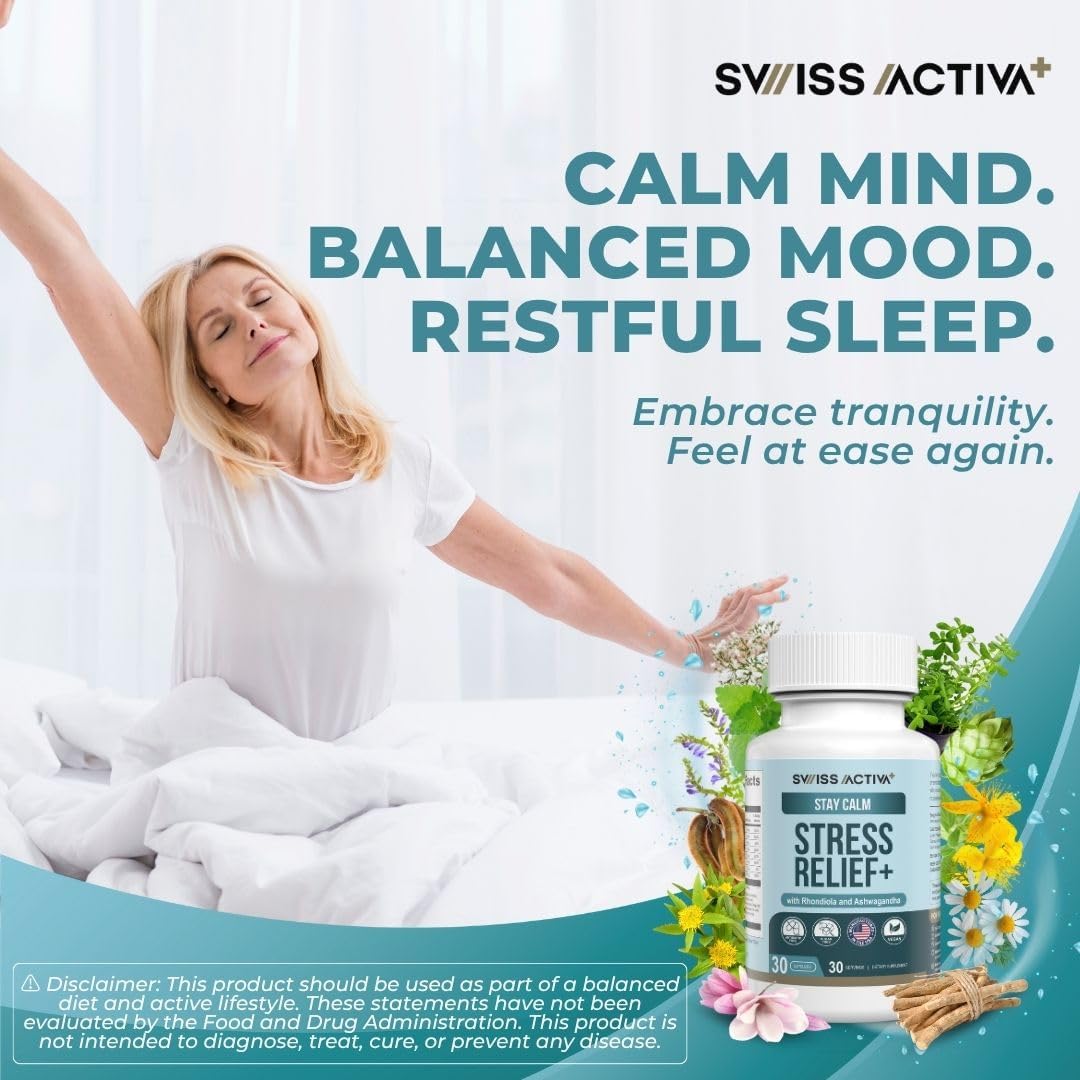 Swiss Activa+ Labs Stress Relief & Calm Supplement for Women | Natural Herbal Support with Ashwagandha, GABA, Rhodiola & L-Theanine | Supports Relaxation & Mood Balance | 30 Days Supply - Image 8