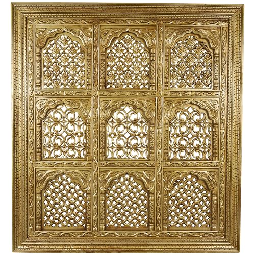 Deco 79 Mango Wood Scroll Handmade Home Wall Decor Intricately Carved 9 Panel Wall Sculpture with Engraved Details, Wall Art 65