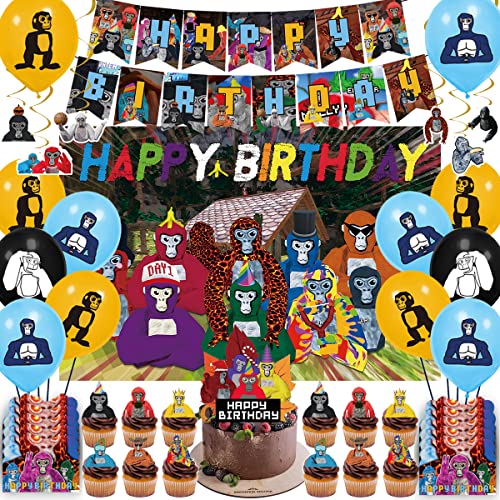 Vr Gorilla Theme Party Supplies And Decorations, Game Birthday Party Kit Includes Banner, Cake Topper, Cupcake Toppers, Balloons, Backdrop, Hanging Swirls, Birthday Gift For Kids #TOP5
