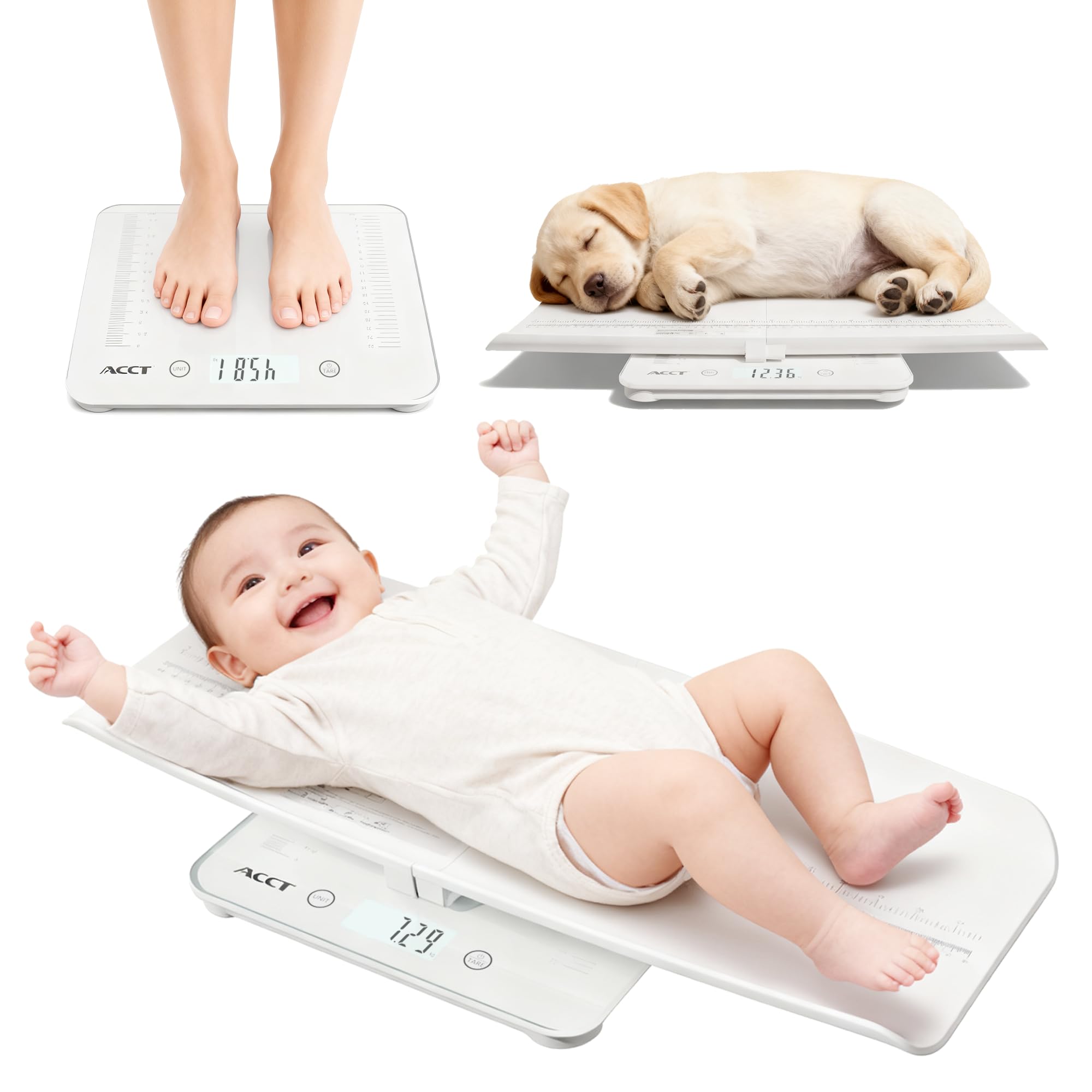 Bilancia multifunzione per bambini e animali domestici, bilancia digitale per neonati, cuccioli e gatti, accurata fino a 179,6 kg, misurazione dell'altezza di 63 cm, schermo LED, 3 unità con funzione