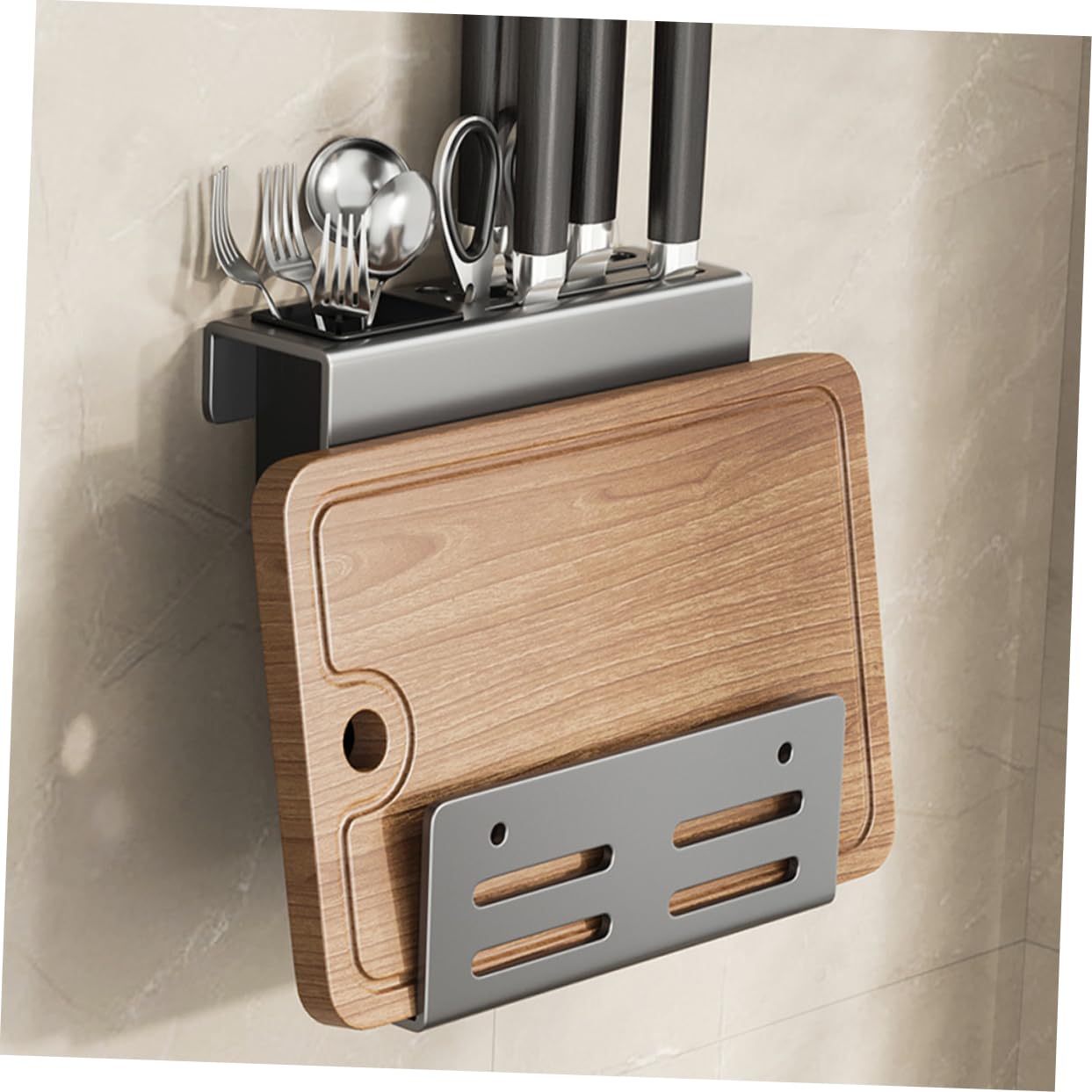 Cabilock Porte-Couverts Mural Multifonction A8 en Acier au Carbone Gris | Égouttage Intégré, Résistant à Rouille Rayures, pour Baguettes, Fourchettes, la Cuisine Domestique
