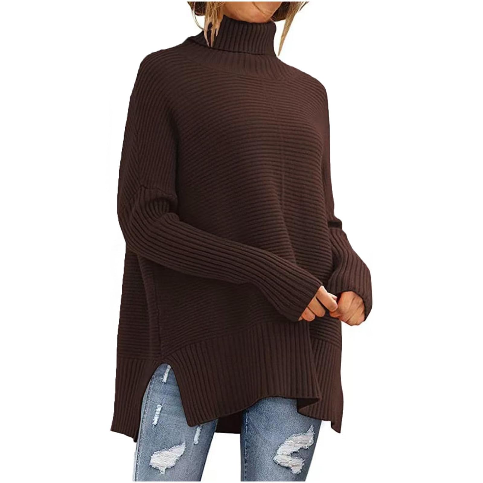 Long Sweater for Women High Neck Long Sleeve Pullover with Split Hem Plus Size Knitting Ribbed Warm Sweater