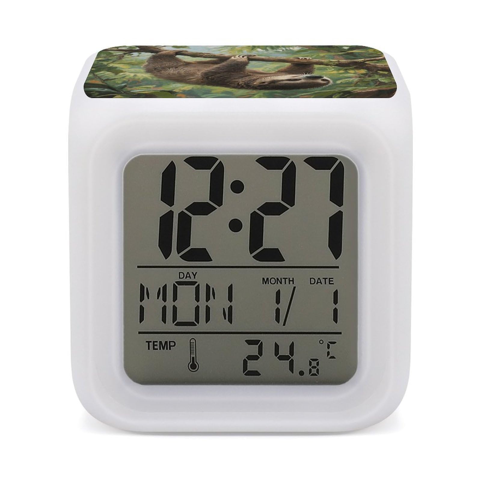 FodPand 7 Color Ambient Night Light Cube Battery Operated Lazy Sloth Digital Clock with Snooze Temperature LED Digital Alarm Clocks Dimmable Wake Up Light Portable Mood Lamp for Bedroom Desk Gift