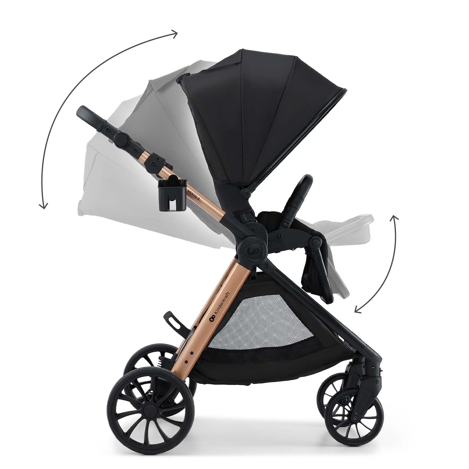 Kinderkraft VESTO 2 wózek dziecięcy 2 w 1 do 22 kg, fotelik dziecięcy dwustronny, kompaktowy składany jedną ręką, system podróżny, pełne zawieszenie, akcesoria, kolor czarny