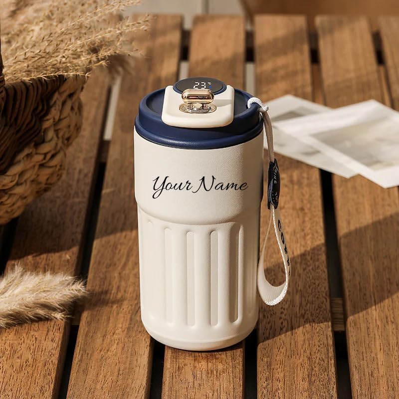 Image of SKDBPM Personalized Stainless Steel Tumbler with Handle, 500ml Capacity, Black Insulated Travel Mug with Straw, Custom Name Design (Coffee Custom Blue)