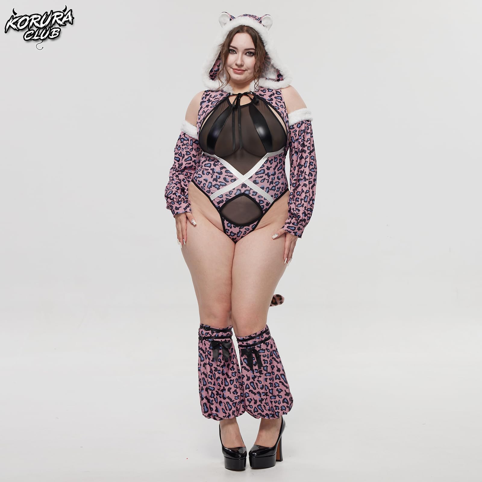 KORURACLUB Leoparden Kostüm Damen Sexy Animal Cosplay Bodysuit Kapuze Rückenfrei Schneeleopard Cosplay Outfit