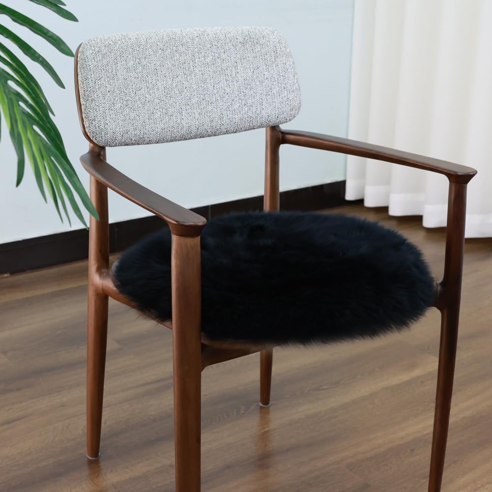 IRIWOOL Round Fur Sheepskin Chair Cover Seat Cushion Pad Super Soft Area Rugs for Living Bedroom Sofa(Black,Round 16.5" (Pack of 1))