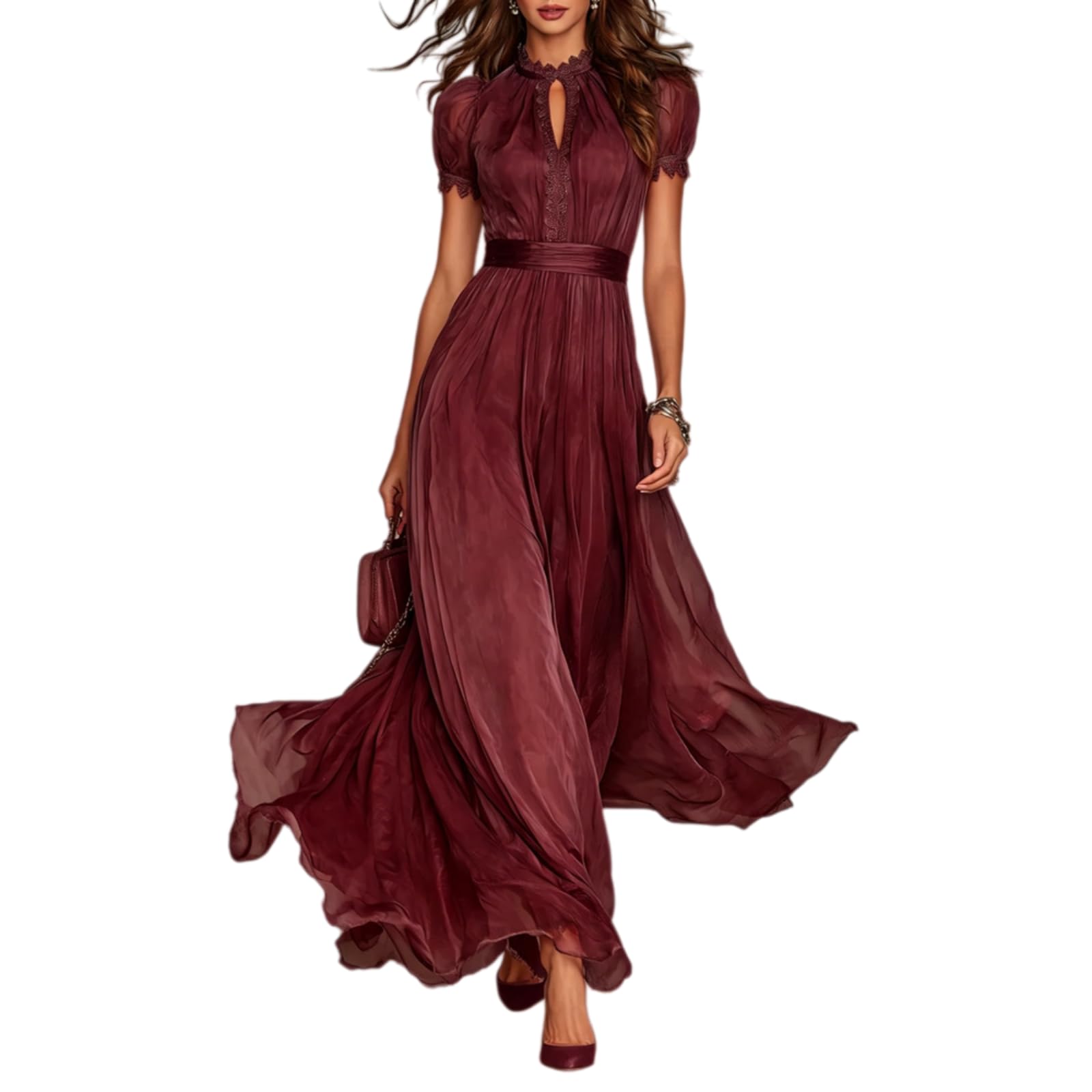 Generico Maxi Abito da Donna Viola Scuro con Bordo in Pizzo – Abito Lungo Estivo Casual a Maniche Corte, Modello Fluido in Stile Boho, Ideale per la Spiaggia e Feste Eleganti