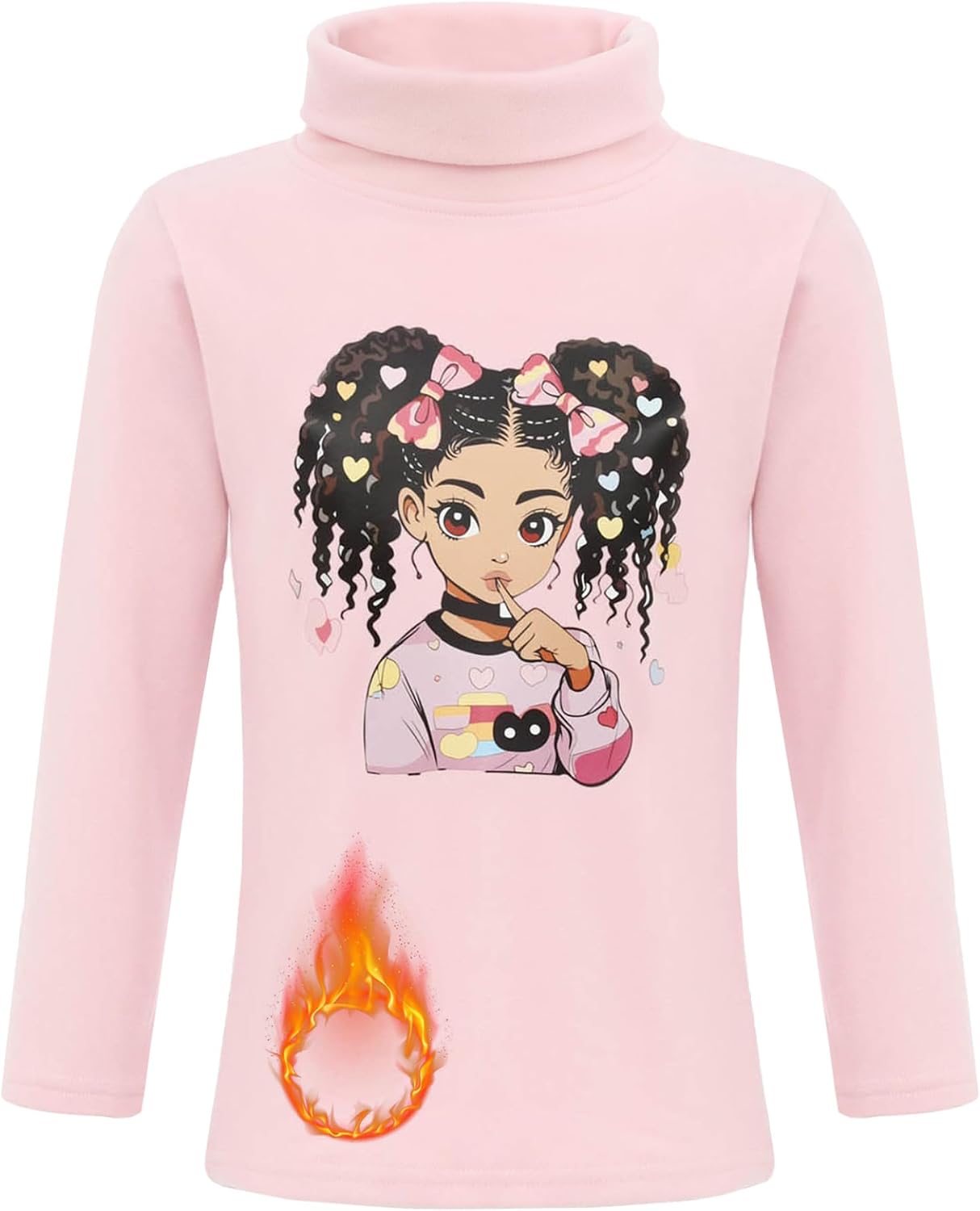Kids Girls Base Layer Thermal Shirts Long Sleeve High Neck Cartoon Girl Print Pullover for Daily Wear
